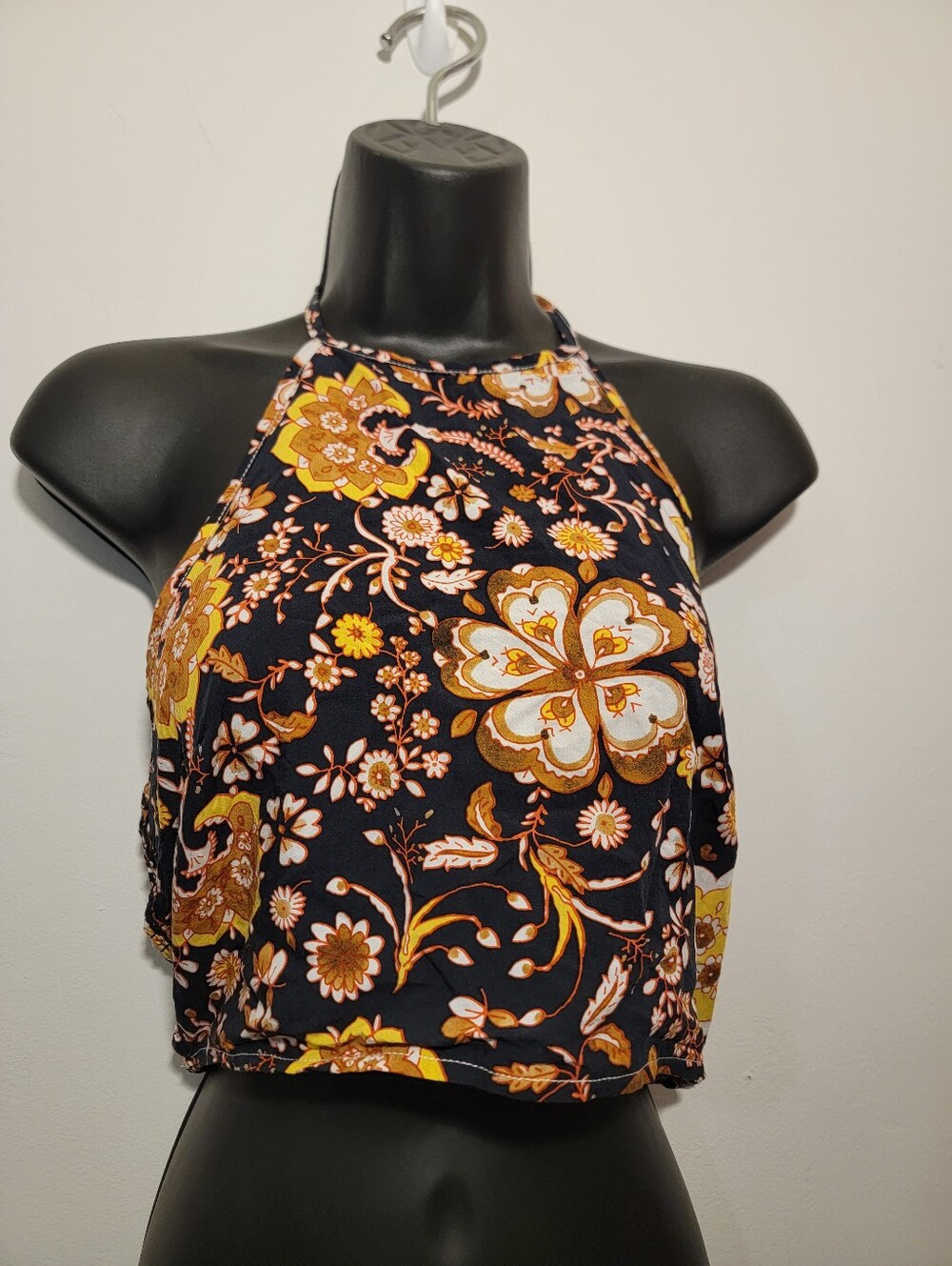 SHEIN Black Halter Crop Top with Mustard Floral Print
